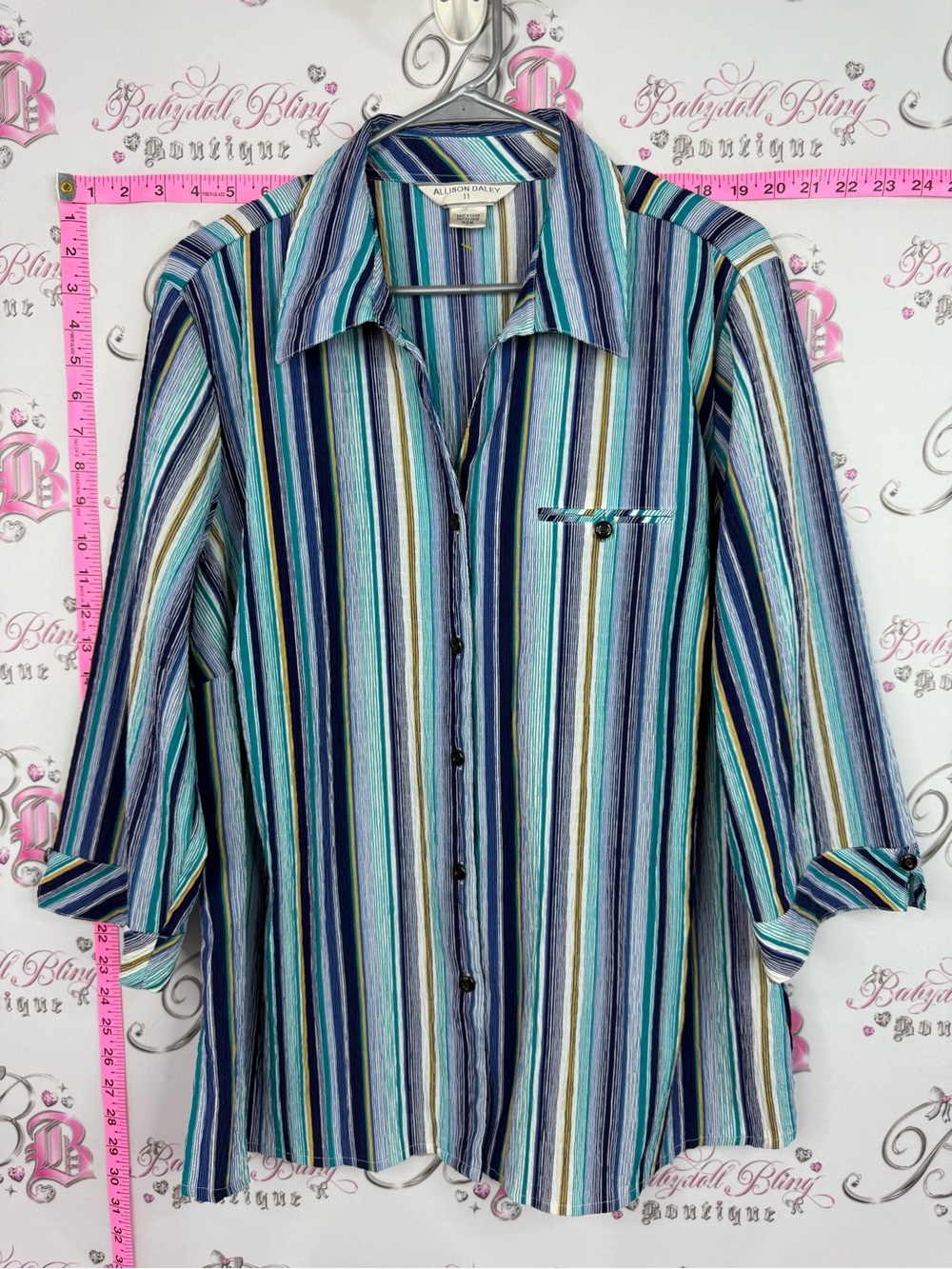 Allison Daley Teal Blue Green Multi-Stripe Button Down Shirt
